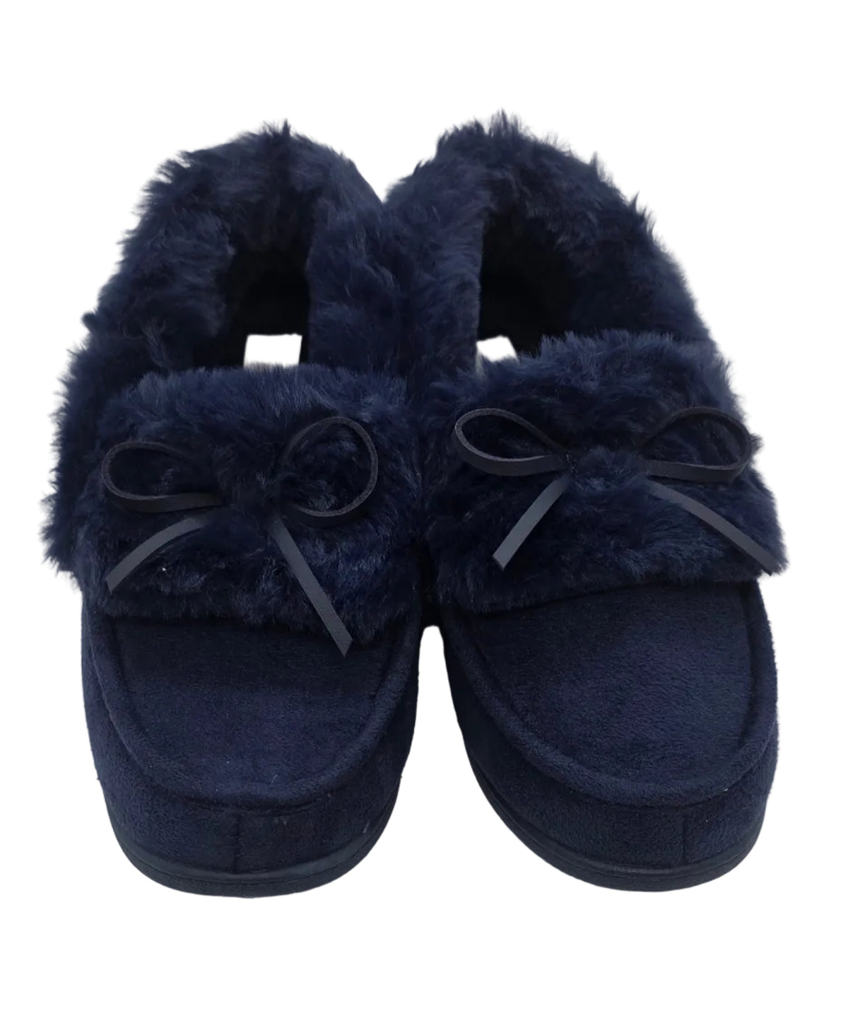 Ladies Navy Faux Fur Moccasin Slipper
